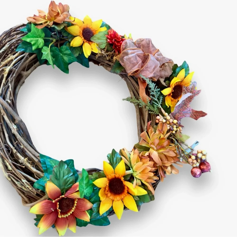 16” CUSTOM Rustic Farmhouse Sunflower & Daisy Floral Wooden Grapevine Wreath